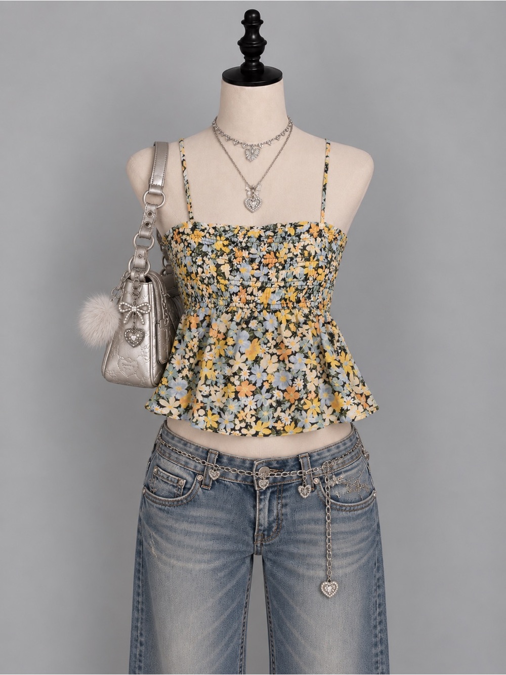 🦅 American Eagle Outfitters Floral Smocked Cami in Yellow, Black, and Pastel